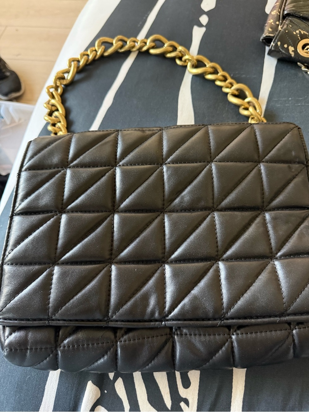 Zara Black Quilted Shoulder Bag with Gold Chain Strap